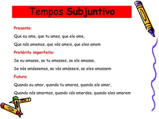 Tempos Subjuntivo
Presente:
Que eu ame, que tu ames, que ele ame,
Que nós amemos, que vós ameis, que eles amem
Pretérito imperfeito:
Se eu amasse, se tu amasses, se ele amasse,
Se nós amássemos, se vós amásseis, se eles amassem
Futuro:
Quando eu amar, quando tu amares, quando ele amar,
Quando nós amarmos, quando vós amardes, quando eles amarem
 
