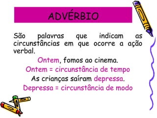 ADVÉRBIO
São palavras que indicam as
circunstâncias em que ocorre a ação
verbal.
Ontem, fomos ao cinema.
Ontem = circunstância de tempo
As crianças saíram depressa.
Depressa = circunstância de modo
 