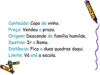 Conteúdo: Copo de vinho.
Preço: Vendeu a prazo.
Origem: Descende de família humilde.
Destino: Ir a Roma.
Distância: Fica a duas quadras daqui.
Limite: Vá até a escola.
 