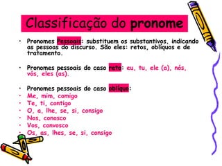 Classificação do pronome
• Pronomes Pessoais: substituem os substantivos, indicando
as pessoas do discurso. São eles: retos, oblíquos e de
tratamento.
• Pronomes pessoais do caso reto: eu, tu, ele (a), nós,
vós, eles (as).
• Pronomes pessoais do caso oblíquo:
• Me, mim, comigo
• Te, ti, contigo
• O, a, lhe, se, si, consigo
• Nos, conosco
• Vos, convosco
• Os, as, lhes, se, si, consigo
 