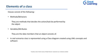 Elements of a class
Classes consist of the following:-
• Methods/Behaviors
They are methods that decides the action/task be performed by
the object
• Variables/Attributes
They are the data members that an object consists of.
• In real scenarios class is represented using a Class diagram created using UML concepts and
software
Proprietary content. ©Great Learning. All Rights Reserved. Unauthorized use or distribution prohibited
 