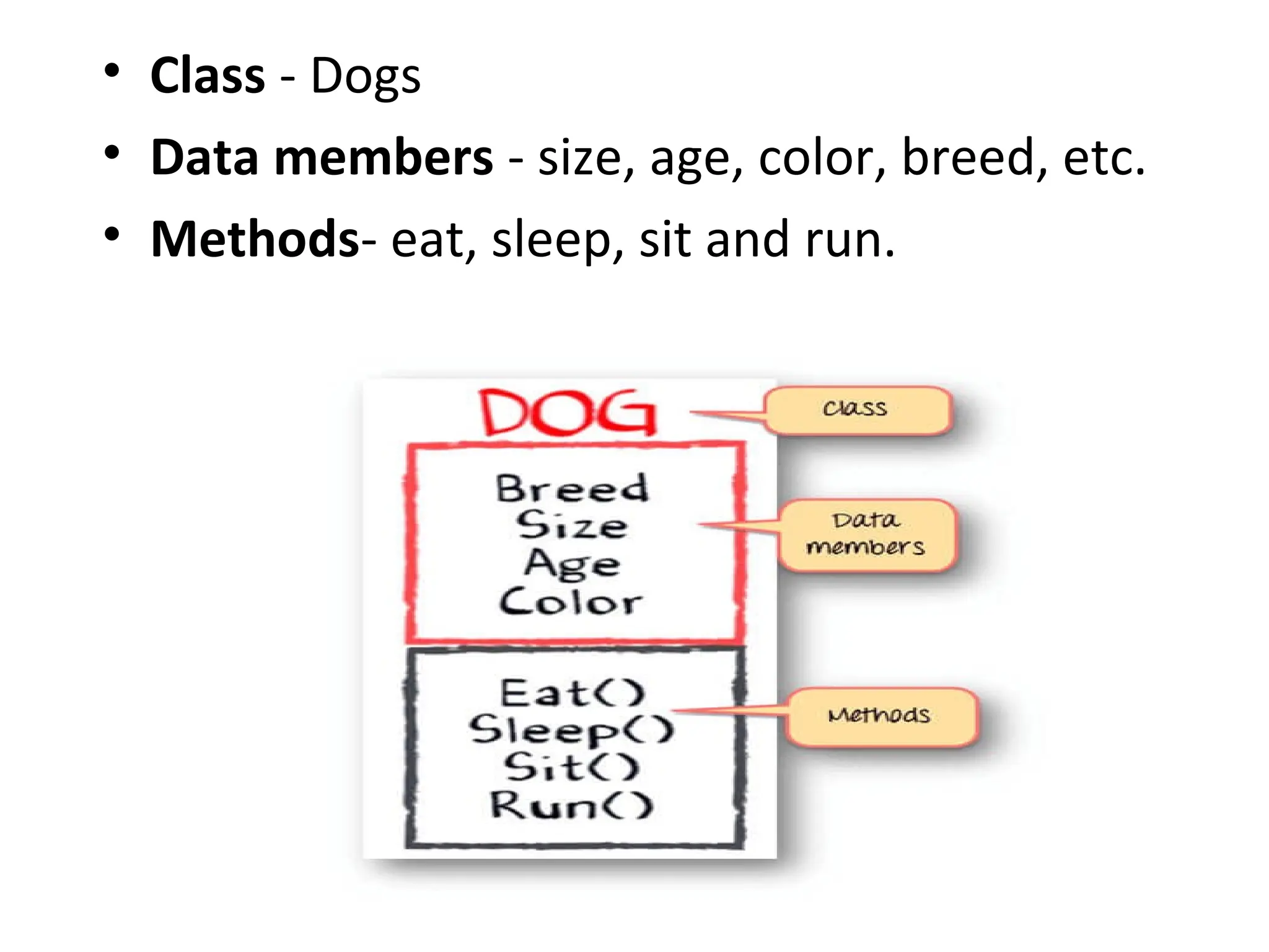 • Class - Dogs
• Data members - size, age, color, breed, etc.
• Methods- eat, sleep, sit and run.
 
