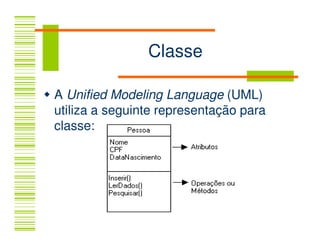 Classe

A Unified Modeling Language (UML)
utiliza a seguinte representação para
classe:
 