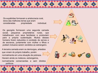 Os eupátridas formavam a aristocracia rural, 
dona das melhores terras que eram 
consideradas propriedade individual. 
Os georgóis formavam uma segunda camada 
social, pequenos proprietários rurais, que 
trabalhavam com seus familiares e produziam 
para a própria sustentação. Muitos desses 
homens foram reduzidos à condição de servos e 
de escravos, juntamente com mulher e filhos e 
podiam inclusive serem vendidos ao estrangeiro. 
A terceira camada eram os demiurgos, artesãos 
que viviam do próprio trabalho, porém 
normalmente em uma situação de pobreza. 
Haviam ainda os metecos, estrangeiros, 
normalmente comerciantes e sem direitos 
políticos. 
 