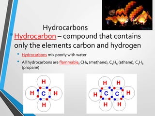 Hydrocarbons
•Hydrocarbon – compound that contains
only the elements carbon and hydrogen
• Hydrocarbons mix poorly with water
• All hydrocarbons are flammable; CH4 (methane), C2H6 (ethane), C3H8
(propane)
 