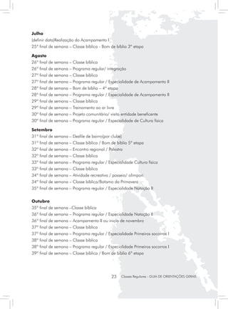 Julho
(definir data)Realização do Acampamento I
25º final de semana – Classe bíblica - Bom de bíblia 3ª etapa

Agosto
26º final de semana – Classe bíblica
26º final de semana – Programa regular/ integração
27º final de semana – Classe bíblica
27º final de semana – Programa regular / Especialidade de Acampamento II
28º final de semana – Bom de bíblia – 4ª etapa
28º final de semana – Programa regular / Especialidade de Acampamento II
29º final de semana – Classe bíblica
29º final de semana – Treinamento ao ar livre
30º final de semana – Projeto comunitário/ visita entidade beneficente
30º final de semana – Programa regular / Especialidade de Cultura física

Setembro
31º final de semana – Desfile de bairro(por clube)
31º final de semana – Classe bíblica / Bom de bíblia 5ª etapa
32º final de semana – Encontro regional / Palestra
32º final de semana – Classe bíblica
33º final de semana – Programa regular / Especialidade Cultura física
33º final de semana – Classe bíblica
34º final de semana – Atividade recreativa / passeio/ olimpori
34º final de semana – Classe bíblica/Batismo da Primavera
35º final de semana – Programa regular / Especialidade Natação II


Outubro
35º final de semana –Classe bíblica
36º final de semana – Programa regular / Especialidade Natação II
36º final de semana – Acampamento II ou inicio de novembro
37º final de semana – Classe bíblica
37º final de semana – Programa regular / Especialidade Primeiros socorros I
38º final de semana – Classe bíblica
38º final de semana – Programa regular / Especialidade Primeiros socorros I
39º final de semana – Classe bíblica / Bom de bíblia 6ª etapa




                                            23   Classes Regulares - GUIA DE ORIENTAÇÕES GERAIS
 