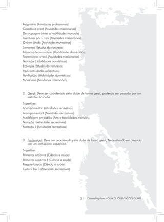 Magistério (Atividades profissionais)
Cidadania cristã (Atividades missionárias)
Decoupagem (Artes a habilidades manuais)
Aventuras por Cristo (Atividades missionárias)
Ordem Unida (Atividades recreativas)
Sementes (Estudos da natureza)
Técnicas de lavanderia (Habilidades domésticas)
Testemunho juvenil (Atividades missionárias)
Nutrição (Habilidades domésticas)
Ecologia (Estudos da natureza)
Pipas (Atividades recreativas)
Panificação (Habilidades domésticas)
Mordomia (Atividades missionária)



2.	 Geral: Deve ser coordenada pelo clube de forma geral, podendo ser passada por um
    instrutor do clube.

Sugestões:
Acampamento I (Atividades recreativas)
Acampamento II (Atividades recreativas)
Modelagem em sabão (Arte e habilidades manuais)
Natação I (Atividades recreativas)
Natação II (Atividades recreativas)



3.	 Profissional: Deve ser coordenada pelo clube de forma geral, Necessitando ser passada
    por um profissional específico.

Sugestões:
Primeiros socorros (Ciência e saúde)
Primeiros socorros I (Ciência e saúde)
Resgate básico (Ciência e saúde)
Cultura física (Atividades recreativas)




                                               31   Classes Regulares - GUIA DE ORIENTAÇÕES GERAIS
 