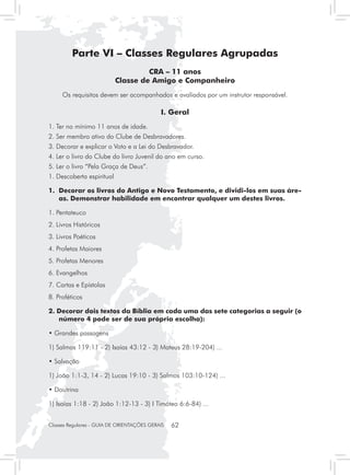 Parte VI – Classes Regulares Agrupadas
                                    CRA – 11 anos
                           Classe de Amigo e Companheiro
     Os requisitos devem ser acompanhados e avaliados por um instrutor responsável.

                                            I. Geral
1. Ter no mínimo 11 anos de idade.
2. Ser membro ativo do Clube de Desbravadores.
3. Decorar e explicar o Voto e a Lei do Desbravador.
4. Ler o livro do Clube do livro Juvenil do ano em curso.
5. Ler o livro “Pela Graça de Deus”.
1. Descoberta espiritual

1.	 Decorar os livros do Antigo e Novo Testamento, e dividi-los em suas áre-
    as. Demonstrar habilidade em encontrar qualquer um destes livros.

1. Pentateuco
2. Livros Históricos
3. Livros Poéticos
4. Profetas Maiores
5. Profetas Menores
6. Evangelhos
7. Cartas e Epístolas
8. Proféticos

2. Decorar dois textos da Bíblia em cada uma das sete categorias a seguir (o
   número 4 pode ser de sua própria escolha):

• Grandes passagens

1) Salmos 119:11 - 2) Isaías 43:12 - 3) Mateus 28:19-204) ...

• Salvação

1) João 1:1-3, 14 - 2) Lucas 19:10 - 3) Salmos 103:10-124) ...

• Doutrina

1) Isaías 1:18 - 2) João 1:12-13 - 3) I Timóteo 6:6-84) ...


Classes Regulares - GUIA DE ORIENTAÇÕES GERAIS   62
 