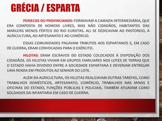 GRÉCIA / ESPARTA 
PERIECOS OU PROVINCIANOS: FORMAVAM A CAMADA INTERMEDIÁRIA, QUE 
ERA COMPOSTA DE HOMENS LIVRES, MAS NÃO CIDADÃOS, HABITANTES DAS 
MARGENS MENOS FÉRTEIS DO RIO EUROTAS. ALI SE DEDICAVAM AO PASTOREIO, À 
AGRICULTURA, AO ARTESANATO E AO COMÉRCIO. 
ESSAS COMUNIDADES PAGAVAM TRIBUTOS AOS ESPARTANOS E, EM CASO 
DE GUERRA, ERAMCONVOCADAS PARA O EXÉRCITO. 
HILOTAS: ERAM ESCRAVOS DO ESTADO COLOCADOS À DISPOSIÇÃO DOS 
CIDADÃOS. OS HILOTAS VIVIAM EM GRUPOS FAMILIARES NOS LOTES DE TERRAS QUE 
O ESTADO HAVIA DIVIDIDO ENTRE A SOCIEDADE ESPARTANA E DEVERIAM ENTREGAR 
UMA RENDA EM PRODUTOS AO SENHOR DO LOTE. 
ALÉMDA AGRICULTURA, OS HILOTAS REALIZAVAMOUTRAS TAREFAS, COMO 
TRABALHOS DOMÉSTICOS, ARTESANATO, COMÉRCIO, TRABALHOS NAS MINAS E 
OFICINAS DO ESTADO, FUNÇÕES PÚBLICAS E POLICIAIS. TAMBÉM ATUAVAM COMO 
SOLDADOS DA INFANTARIA EM CASO DE GUERRA. 
 