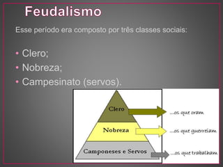 Esse período era composto por três classes sociais: 
• Clero; 
• Nobreza; 
• Campesinato (servos). 
 