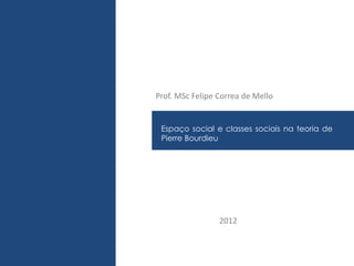 PLANO DE MARKETINGEspaço social e classes sociais na teoria de
Pierre Bourdieu
Prof. MSc Felipe Correa de Mello
2012
 
