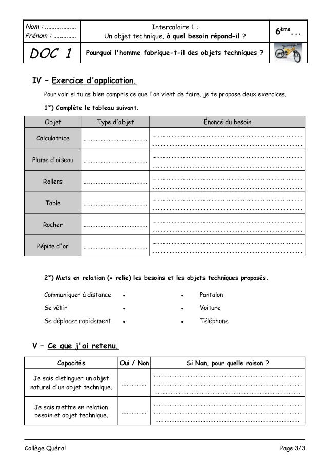 technologie 6eme evaluation