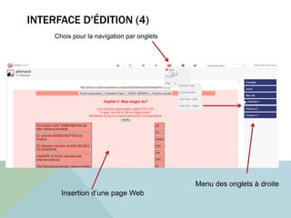 INTERFACE D'ÉDITION (4)
Menu des onglets à droite
Choix pour la navigation par onglets
Insertion d’une page Web
 