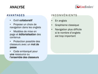 ANALYSE
A V A N TA G E S
• Outil collaboratif
• Propose un choix de
navigation dans les onglets
• Modèles de mise en
page et éditorialisation des
contenus
• Protection possible des
classeurs avec un mot de
passe
• Code embarqué pour
une ressource ou
l’ensemble des classeurs
I N C O N V É N I E N T S
• En anglais
• Graphisme classique
• Navigation plus difficile
si le nombre d’onglets
est trop important
 