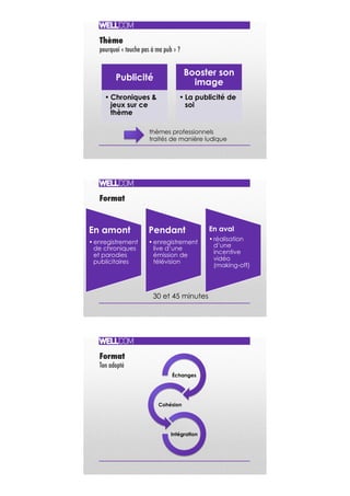 Thème"
pourquoi « touche pas à ma pub » ? !
Publicité
• Chroniques &
jeux sur ce
thème
Booster son
image
• La publicité de
soi
thèmes professionnels
traités de manière ludique
Format !
En amont
• enregistrement
de chroniques
et parodies
publicitaires
Pendant
• enregistrement
live d’une
émission de
télévision
En aval
• réalisation
d’une
incentive
vidéo
(making-off)
30 et 45 minutes
Format"
Ton adopté !
Échanges
Cohésion
Intégration
 