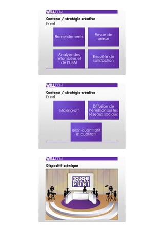 Contenu / stratégie créative"
En aval !
Remerciements
Revue de
presse
Analyse des
retombées et
de l’UBM
Enquête de
satisfaction
Contenu / stratégie créative"
En aval !
Making-off
Diffusion de
l’émission sur les
réseaux sociaux
Bilan quantitatif
et qualitatif
Dispositif scénique!
 