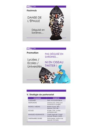 Flashmob
DANSE DE
L’ÉPAULE
Déguisé en
Sardines…
Promotion
Lycées /
Ecoles /
Universités
PAS DÉGUISÉ EN
SARDINES…
NI EN OISEAU
TWITTER !
V. Stratégie de partenariat
DOMAINES EXEMPLES
COSTUMES Feta, A la porte bleue
INSTITUTIONS Grand Lyon, Only Lyon
tourisme et congrès
RADIOS / MEDIAS Radio Scoop, NRJ,
Espace, TLM, D8…
ECOLES Ecoles, CFA, Lycées
professionnels…
BANQUES ASSURANCES Crédit Agricole, Crédit
Mutuel, Smerra, LMDE…
PARTENAIRES DIVERS Parfumeries, instituts de
beauté, OL (lots)
 