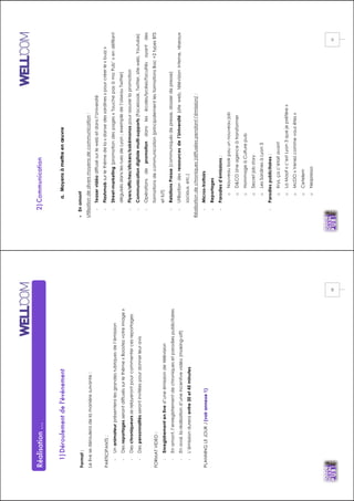 !
!
!10!
Réalisation...
1)Déroulementdel'événement
Format:
Lelivesedérouleradelamanièresuivante:
PARTICIPANTS:
%Unanimateurprésenteralesgrandesrubriquesdel’émission
%Desreportagesserontdiffuséssurlethème«Boostezvotreimage»
%Deschroniqueursserelayerontpourcommentercesreportages
%Despersonnalitésserontinvitéespourdonnerleuravis
FORMATVIDEO:
%Enregistrementenlived’uneémissiondetélévision
%Enamont,l’enregistrementdechroniquesetparodiespublicitaires
%Enaval,laréalisationd’uneincentivevidéo(making-off)
%L’émissiondureraentre30et45minutes
PLANNINGLEJOURJ(voirannexe1)
!
!
!11!
2)Communication
a.Moyensàmettreenœuvre
»Enamont
Utilisationdediversmoyensdecommunication:
%Teaservidéodiffusésurlewebetdansl’Université
%Flashmobsurlethèmedela«dansedessardines»pourcréerle«buzz»
%Street-marketing(promotiondespages«TouchepasàmaPub’»endéfilant
déguisésdanslesruesdeLyon;exempledel’oiseauTwitter)
%Flyers/affiches/stickers/kakémonospourassurerlapromotion
%Communicationdigitalemulti-supports(Facebook,Twitter,siteweb,Youtube)
%Opérationsdepromotiondanslesécoles/lycées/facultésayantdes
formationsdecommunication(principalementlesformationsBac+2typesBTS
etIUT)
%RelationsPresse(communiquésdepresse,dossierdepresse)
%Utilisationdesressourcesdel’Université(siteweb,télévisioninterne,réseaux
sociaux,etc.)
Réalisationdechroniques(diffuséespendantl’émission):
%Micros-trottoirs
%Reportages
%Parodiesd’émissions:
oNouveaulookpouunnouveaujob
oD&COUneagenceàtransformer
oHommageàCulturepub
oSecretjobstory
oLesSardinesàLyon3
%Parodiespublicitaires:
oKrys,çac’étaitavant
oLaMaaf«c’estLyon3quejepréfère»
oMcDO«Venezcommevousêtes»
oCetelem
oNespresso
 