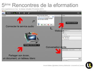 5ème Rencontres de la eformation
Une expérience en live : la classe virtuelle |15 octobre 2013

↵




Partager son écran,
un document, un tableau blanc

↵

Connecter le service audio



Webcam

Conversation écrite



Vincent Bellais (@vbellais) Anthony Battistutta– Université de Lorraine

 