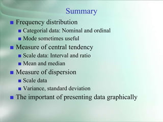 Summary
■ Frequency distribution
■ Categorial data: Nominal and ordinal
■ Mode sometimes useful
■ Measure of central tendency
■ Scale data: Interval and ratio
■ Mean and median
■ Measure of dispersion
■ Scale data
■ Variance, standard deviation
■ The important of presenting data graphically
 