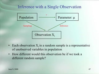 June 9, 2008 47
47
Inference with a Single Observation
• Each observation Xi in a random sample is a representative
of unobserved variables in population
• How different would this observation be if we took a
different random sample?
Population
Observation Xi
Parameter: 
Sampling Inference
?
 