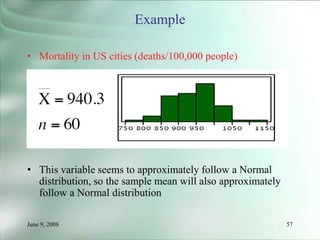 June 9, 2008 57
Example
• Mortality in US cities (deaths/100,000 people)
• This variable seems to approximately follow a Normal
distribution, so the sample mean will also approximately
follow a Normal distribution
 