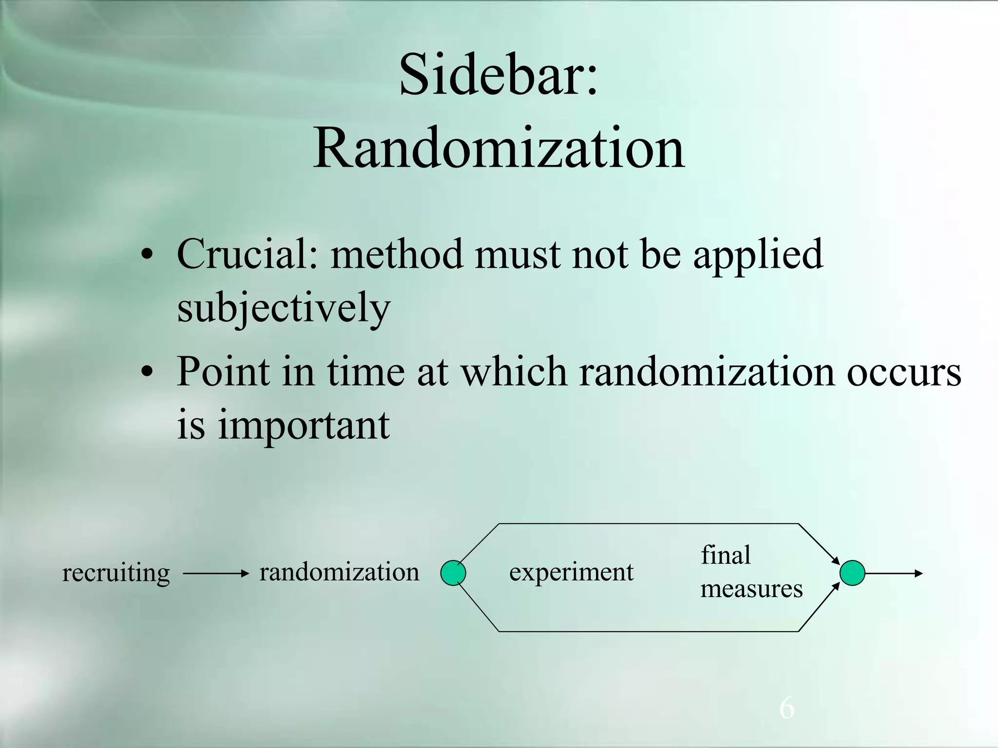 6
Sidebar:
Randomization
• Crucial: method must not be applied
subjectively
• Point in time at which randomization occurs
is important
recruiting randomization experiment
final
measures
 