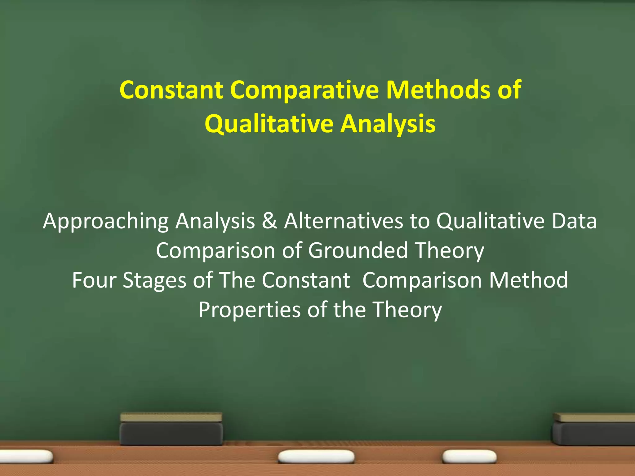 Constant Comparative Methods of
             Qualitative Analysis


Approaching Analysis & Alternatives to Qualitative Data
          Comparison of Grounded Theory
  Four Stages of The Constant Comparison Method
              Properties of the Theory
 