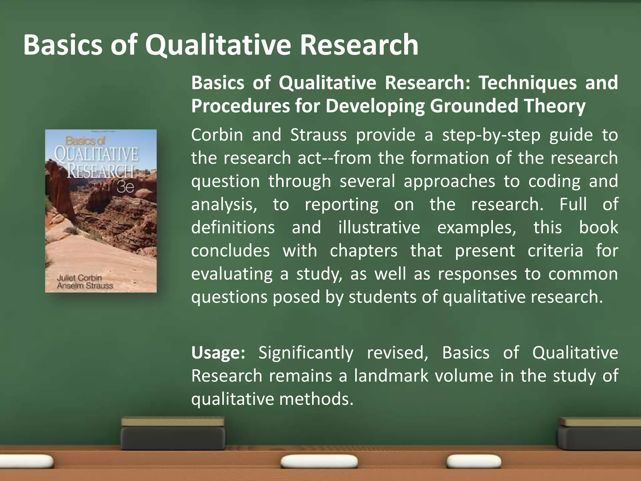 Basics of Qualitative Research
            Basics of Qualitative Research: Techniques and
            Procedures for Developing Grounded Theory
            Corbin and Strauss provide a step-by-step guide to
            the research act--from the formation of the research
            question through several approaches to coding and
            analysis, to reporting on the research. Full of
            definitions and illustrative examples, this book
            concludes with chapters that present criteria for
            evaluating a study, as well as responses to common
            questions posed by students of qualitative research.

            Usage: Significantly revised, Basics of Qualitative
            Research remains a landmark volume in the study of
            qualitative methods.
 