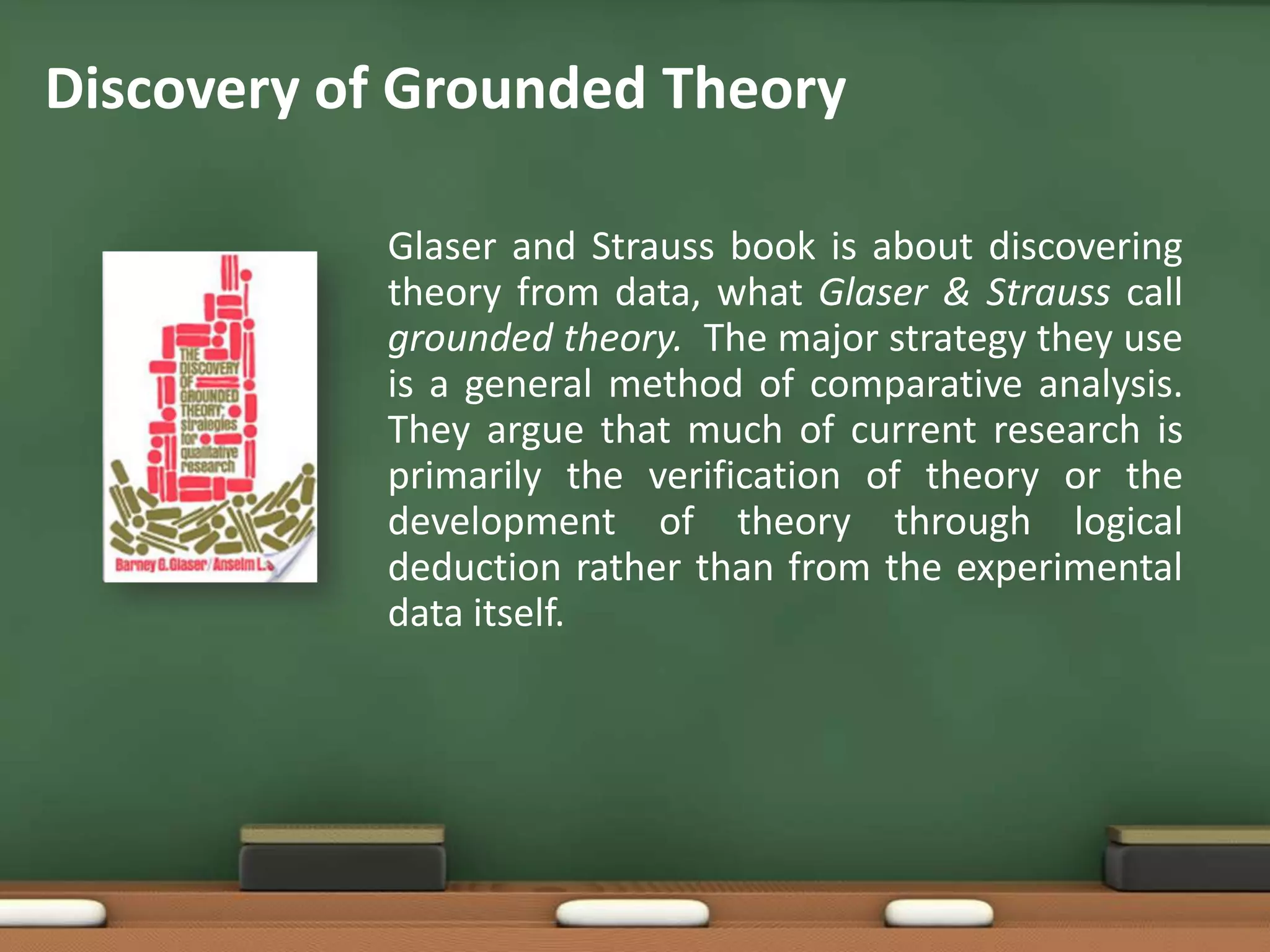 Discovery of Grounded Theory

           Glaser and Strauss book is about discovering
           theory from data, what Glaser & Strauss call
           grounded theory. The major strategy they use
           is a general method of comparative analysis.
           They argue that much of current research is
           primarily the verification of theory or the
           development of theory through logical
           deduction rather than from the experimental
           data itself.
 