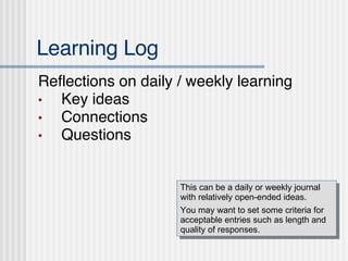 Learning Log ,[object Object],[object Object],[object Object],[object Object],This can be a daily or weekly journal with relatively open-ended ideas.  You may want to set some criteria for acceptable entries such as length and quality of responses. 