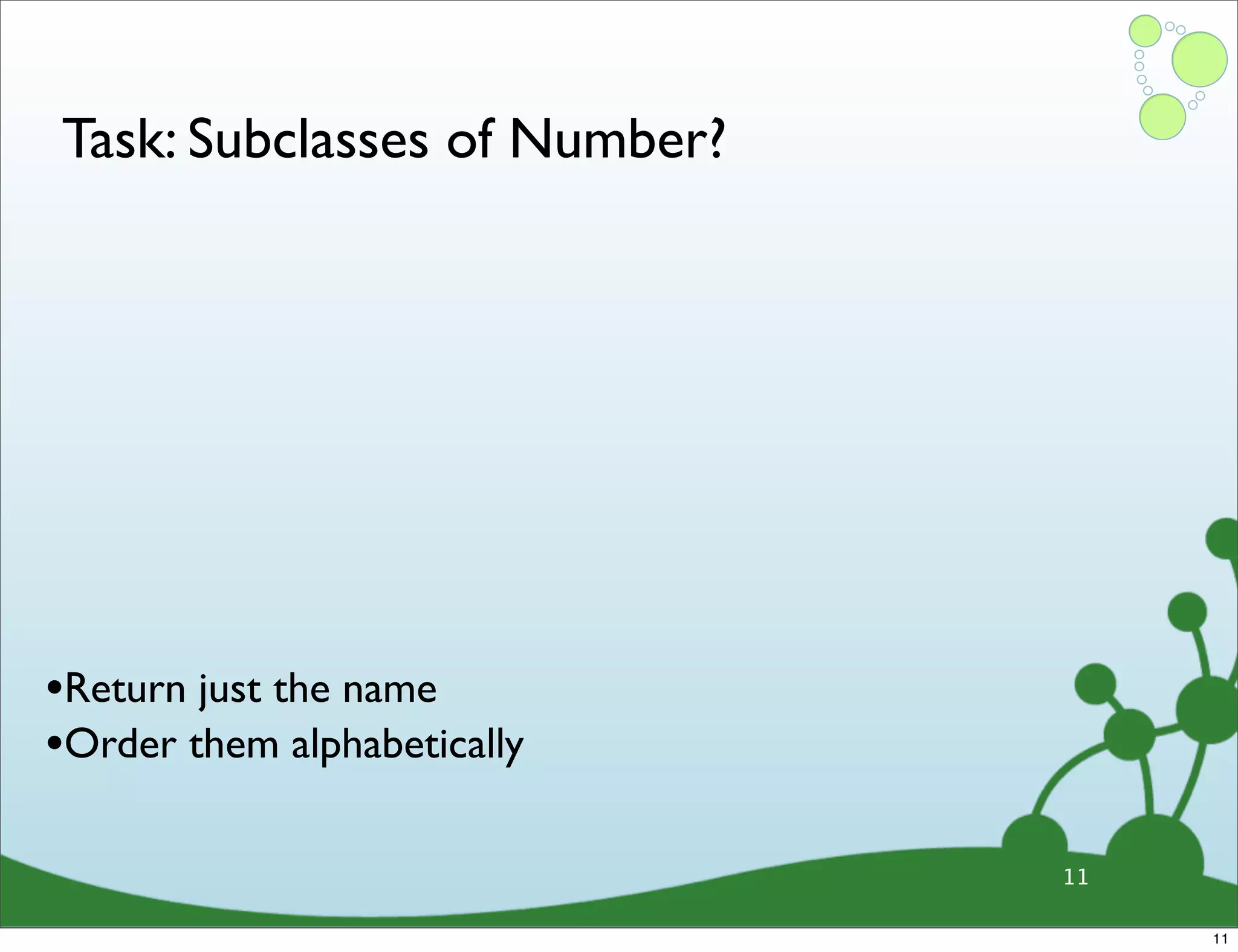Task: Subclasses of Number? •Return just the name •Order them alphabetically 11 11 