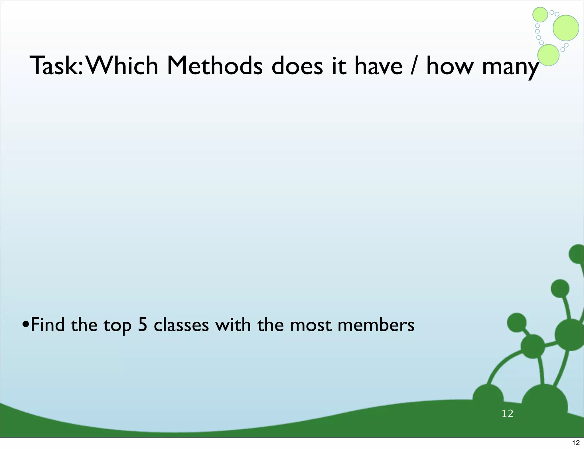 Task: Which Methods does it have / how many •Find the top 5 classes with the most members 12 12 