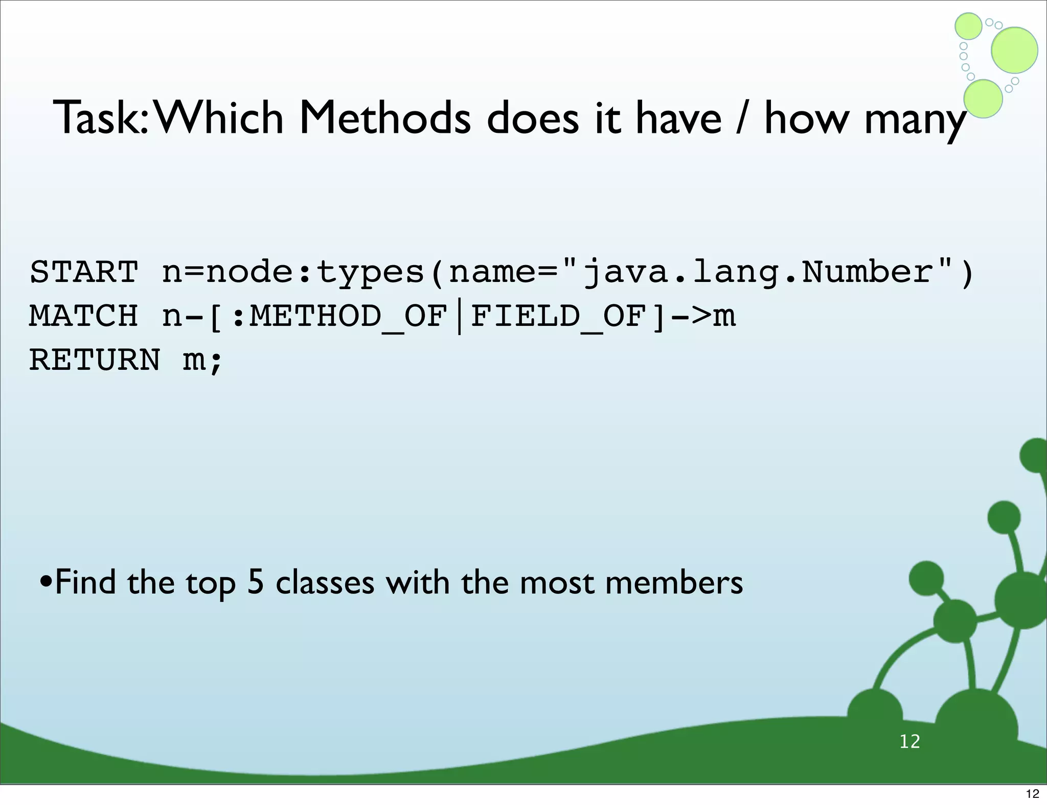 Task: Which Methods does it have / how many START n=node:types(name="java.lang.Number")  MATCH n-[:METHOD_OF|FIELD_OF]->m RETURN m; •Find the top 5 classes with the most members 12 12 