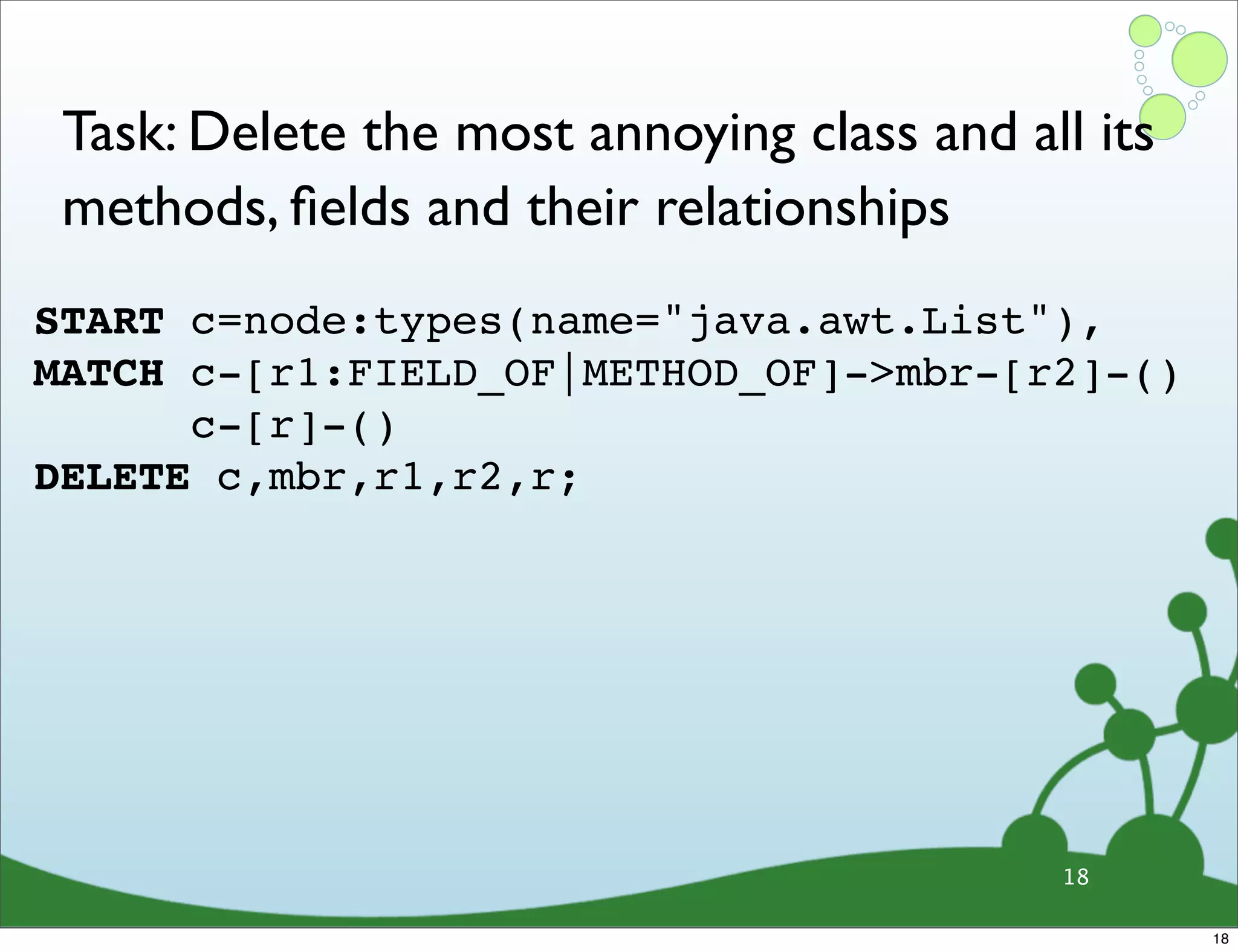 Task: Delete the most annoying class and all its methods, ﬁelds and their relationships START c=node:types(name="java.awt.List"), MATCH c-[r1:FIELD_OF|METHOD_OF]->mbr-[r2]-() c-[r]-() DELETE c,mbr,r1,r2,r; 18 18 