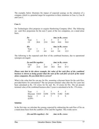 Case A

Sw Technologies (Sw) proposes to acquire Hardwiring Company (Hw). The following
are cash flow projections for the next 5 years of the two companies, on a stand alone
basis.

               Sw                                Amt. in Rs. crores
                Year        1        2         3      4         5
                CF          20.0     23.0      30.0   38.0      50.0

               Hw                                 Amt. in Rs. crores
                Year        1        2         3       4         5
                CF          2.5      4.0       6.0     9.0       12.5

The following is the expected cash flow of the combined business, due to operational
synergies envisaged:

               Sw and Hw together                Amt. in Rs. crores
                Year     1        2            3      4         5
                CF       23.0     28.0         38.0   50.0      67.5

Please note that in the above example, the value of the cash flow of the combined
business is shown as being greater than the sum of the cash flow of each of the stand
alone companies. Do you think this is correct?

What is the value that Sw can pay for Hw, assuming a discount factor for the cash flow,
provided below for convenience? The net present terminal value after the five years has
been calculated as Rs. 132 crores for Sw and Rs. 32 crores for Hw. The net present
terminal value of the combined business after 5 years is calculated to be Rs. 170 crores.

                 Year     1          2        3        4        5
                 Discount 0.833      0.694    0.578    0.482    0.401
                 factor   3          4        7        2        9
                 @20%

Solution

In the first step, we calculate the synergy expected by subtracting the cash flow of Sw on
a stand alone basis from the cashflow of Sw and Hw together. This works out to:

               (Sw and Hw together) - Sw          Amt. in Rs. crores
                Year     1        2            3       4         5
                CF       3.0      5.0          8.0     12.0      17.5

Next we calculate the Net Present Value of the synergy expected in the next five years
with the 20% discount factor. This works out to Rs.23.42 crores.



©av                          Valuation Basics: Class Notes                             17
 