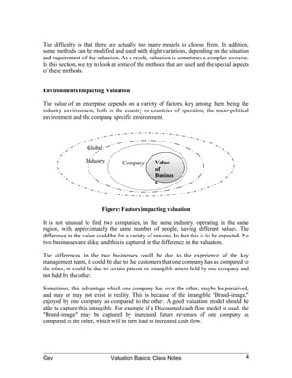 The difficulty is that there are actually too many models to choose from. In addition,
some methods can be modified and used with slight variations, depending on the situation
and requirement of the valuation. As a result, valuation is sometimes a complex exercise.
In this section, we try to look at some of the methods that are used and the special aspects
of these methods.


Environments Impacting Valuation

The value of an enterprise depends on a variety of factors, key among them being the
industry environment, both in the country or countries of operation, the socio-political
environment and the company specific environment.




                   Industry
                    Global                        Value
                                   Company        of
                                                  Busines




                          Figure: Factors impacting valuation

It is not unusual to find two companies, in the same industry, operating in the same
region, with approximately the same number of people, having different values. The
difference in the value could be for a variety of reasons. In fact this is to be expected. No
two businesses are alike, and this is captured in the difference in the valuation.

The differences in the two businesses could be due to the experience of the key
management team, it could be due to the customers that one company has as compared to
the other, or could be due to certain patents or intangible assets held by one company and
not held by the other.

Sometimes, this advantage which one company has over the other, maybe be perceived,
and may or may not exist in reality. This is because of the intangible "Brand-image,"
enjoyed by one company as compared to the other. A good valuation model should be
able to capture this intangible. For example if a Discounted cash flow model is used, the
"Brand-image" may be captured by increased future revenues of one company as
compared to the other, which will in turn lead to increased cash flow.




©av                           Valuation Basics: Class Notes                                4
 