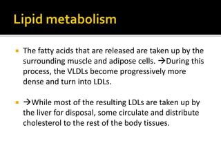  The fatty acids that are released are taken up by the
surrounding muscle and adipose cells. During this
process, the VLDLs become progressively more
dense and turn into LDLs.
 While most of the resulting LDLs are taken up by
the liver for disposal, some circulate and distribute
cholesterol to the rest of the body tissues.
 