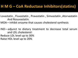 Lovastatin , Fluvastatin , Pravastatin , Simvastatin ,Atorvastatin
And Rosuvastatin.
MOA—inhibit enzyme that causes cholesterol synthesis
IND—adjunct to dietary treatment to decrease total serum
and LDL cholesterol:
Reduce LDL level up to 30%
Raise HDL level up to 20%
 