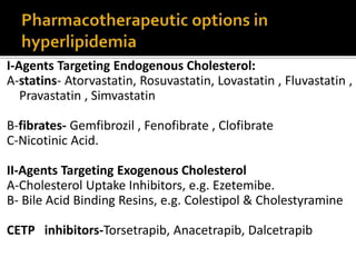 I-Agents Targeting Endogenous Cholesterol:
A-statins- Atorvastatin, Rosuvastatin, Lovastatin , Fluvastatin ,
Pravastatin , Simvastatin
B-fibrates- Gemfibrozil , Fenofibrate , Clofibrate
C-Nicotinic Acid.
II-Agents Targeting Exogenous Cholesterol
A-Cholesterol Uptake Inhibitors, e.g. Ezetemibe.
B- Bile Acid Binding Resins, e.g. Colestipol & Cholestyramine
CETP inhibitors-Torsetrapib, Anacetrapib, Dalcetrapib
 