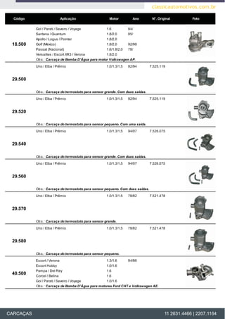 classicautomotivos.com.br

  Código                  Aplicação                   Motor          Ano         N°. Original        Foto


           Gol / Parati / Saveiro / Voyage         1.6         84/
           Santana / Quantum                       1.8/2.0     85/
           Apollo / Logus / Pointer                1.8/2.0
 18.500    Golf (México)                           1.8/2.0     92/98
           Passat (Nacional)                       1.6/1.8/2.0 78/
           Versailles / Escort XR3 / Verona        1.8/2.0
           Ob s.: Carcaça de Bomba D'Água para motor Volkswagen AP.

           Uno / Elba / Prêmio                       1.0/1.3/1.5   82/94        7.525.119


 29.500

           Ob s.: Carcaça do termostato para sensor grande. Com duas saídas.

           Uno / Elba / Prêmio                       1.0/1.3/1.5   82/94        7.525.119


 29.520

           Ob s.: Carcaça do termostato para sensor pequeno. Com uma saída.

           Uno / Elba / Prêmio                       1.0/1.3/1.5   94/07        7.526.075


 29.540

           Ob s.: Carcaça do termostato para sensor grande. Com duas saídas.

           Uno / Elba / Prêmio                       1.0/1.3/1.5   94/07        7.526.075


 29.560

           Ob s.: Carcaça do termostato para sensor pequeno. Com duas saídas.

           Uno / Elba / Prêmio                       1.0/1.3/1.5   78/82        7.521.478


 29.570

           Ob s.: Carcaça do termostato para sensor grande.

           Uno / Elba / Prêmio                       1.0/1.3/1.5   78/82        7.521.478


 29.580

           Ob s.: Carcaça do termostato para sensor pequeno.

           Escort / Verona                         1.3/1.6     84/86
           Escort Hobby                            1.0/1.6
           Pampa / Del Rey                         1.6
 40.500    Corcel / Belina                         1.6
           Gol / Parati / Saveiro / Voyage         1.0/1.6
           Ob s.: Carcaça de Bomba D'Água para motores Ford CHT e Volkswagen AE.




CARCAÇAS                                                                                 11 2631.4466 | 2207.1164
 