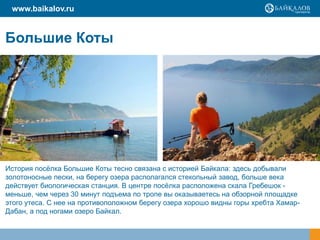 Большие Коты
История посѐлка Большие Коты тесно связана с историей Байкала: здесь добывали
золотоносные пески, на берегу озера располагался стекольный завод, больше века
действует биологическая станция. В центре посѐлка расположена скала Гребешок -
меньше, чем через 30 минут подъема по тропе вы оказываетесь на обзорной площадке
этого утеса. С нее на противоположном берегу озера хорошо видны горы хребта Хамар-
Дабан, а под ногами озеро Байкал.
www.baikalov.ru
 