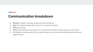 Communication breakdown
● Blunder: Irregular meetings, inadequate documentation
● Risk: Misunderstandings will cause work to need to be redone
● When: Any stage
● Why: Documentation will avoid errors, and provide reminders of why decisions were made
● Fix: Regular meetings with notes circulated, approved, and accessible afterwards, documented
approval steps
23
 