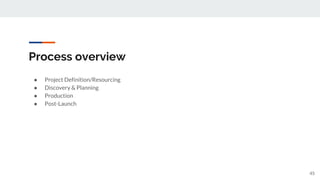 Process overview
● Project Definition/Resourcing
● Discovery & Planning
● Production
● Post-Launch
45
 