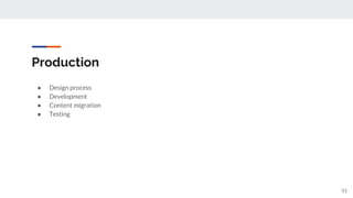 Production
● Design process
● Development
● Content migration
● Testing
51
 