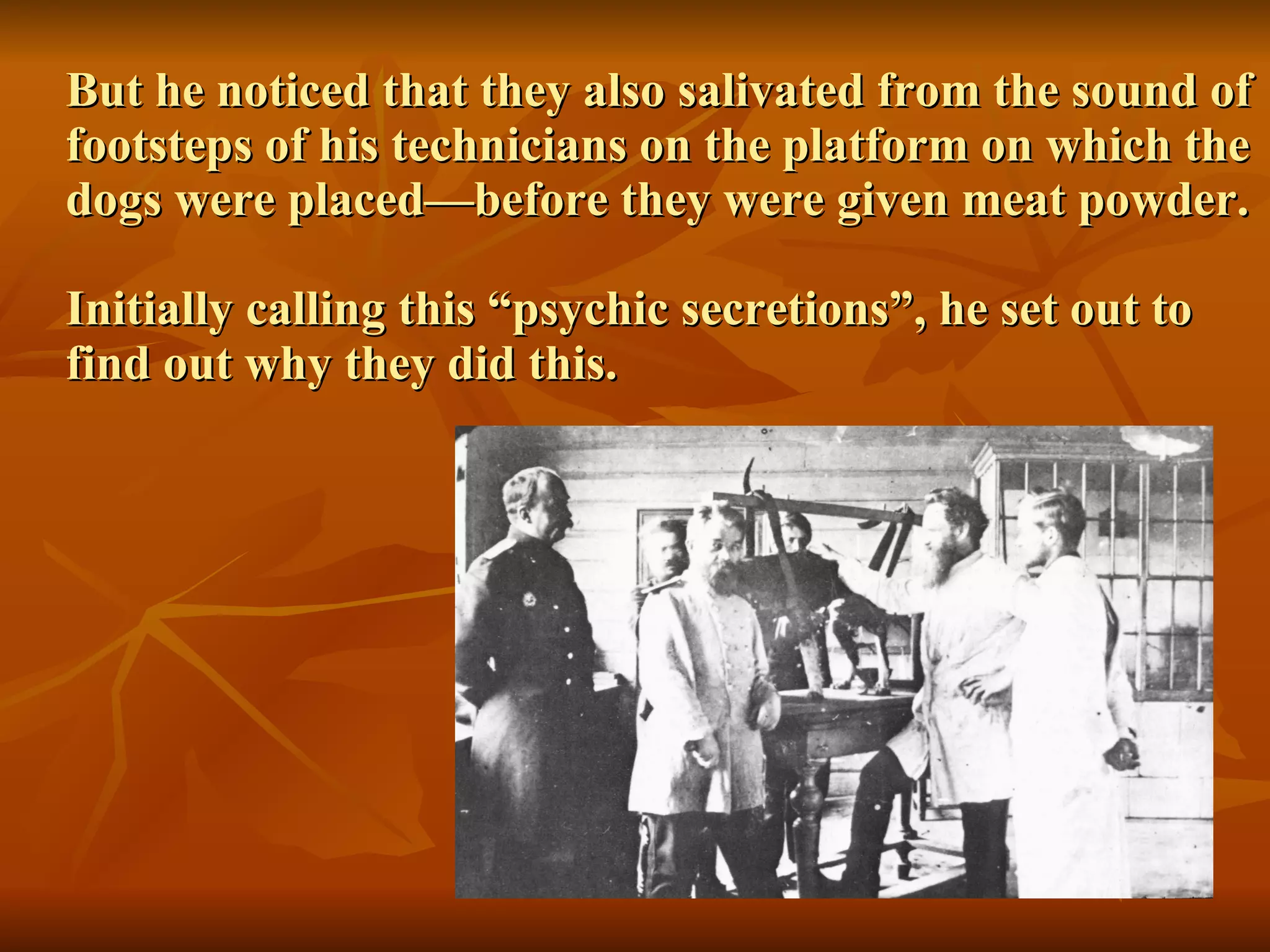 But he noticed that they also salivated from the sound of footsteps of his technicians on the platform on which the dogs were placed—before they were given meat powder. Initially calling this “psychic secretions”, he set out to find out why they did this. 