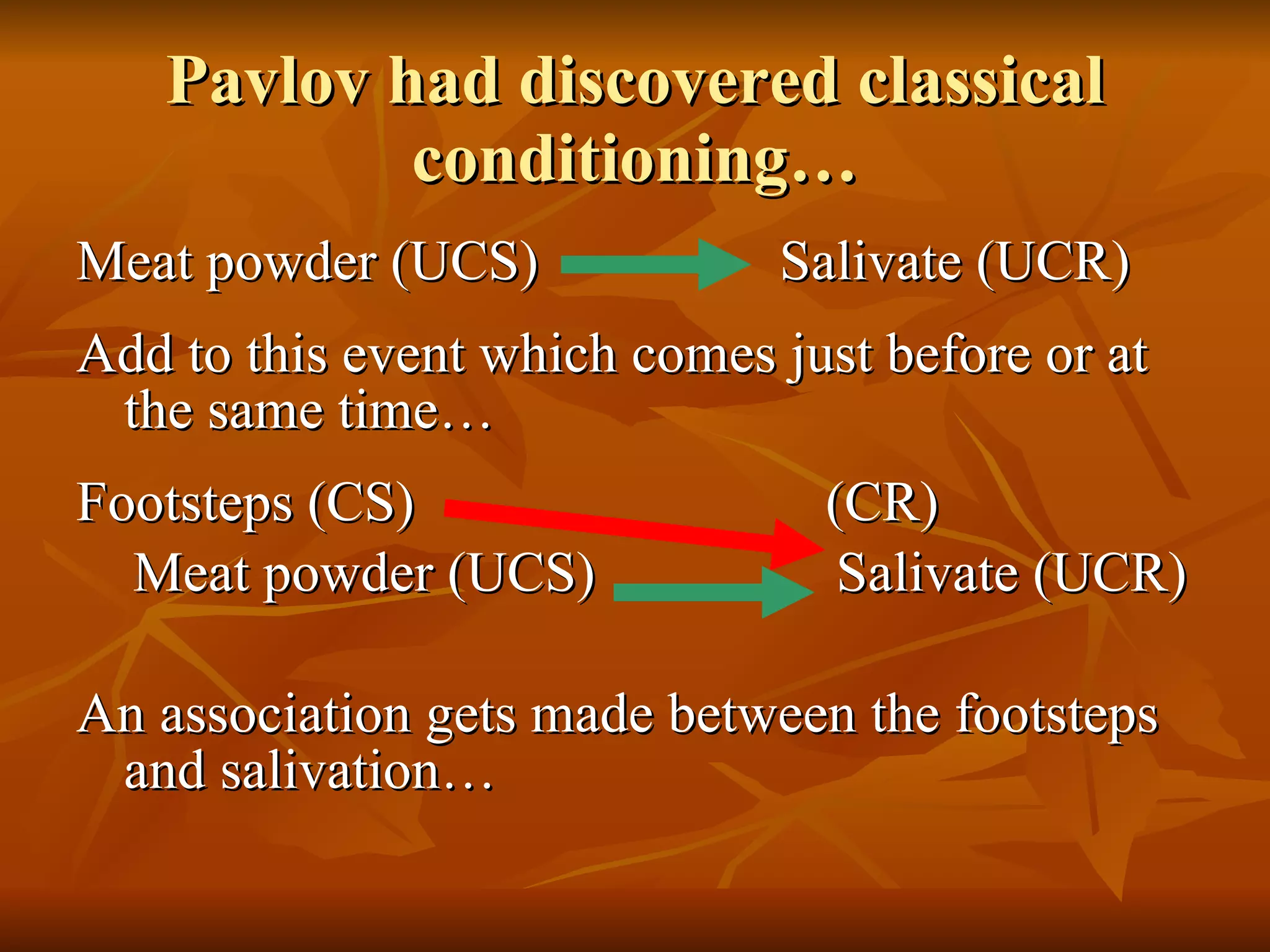 Pavlov had discovered classical conditioning… Meat powder (UCS)  Salivate (UCR) Add to this event which comes just before or at the same time… Footsteps (CS)  (CR) Meat powder (UCS)  Salivate (UCR) An association gets made between the footsteps and salivation… 