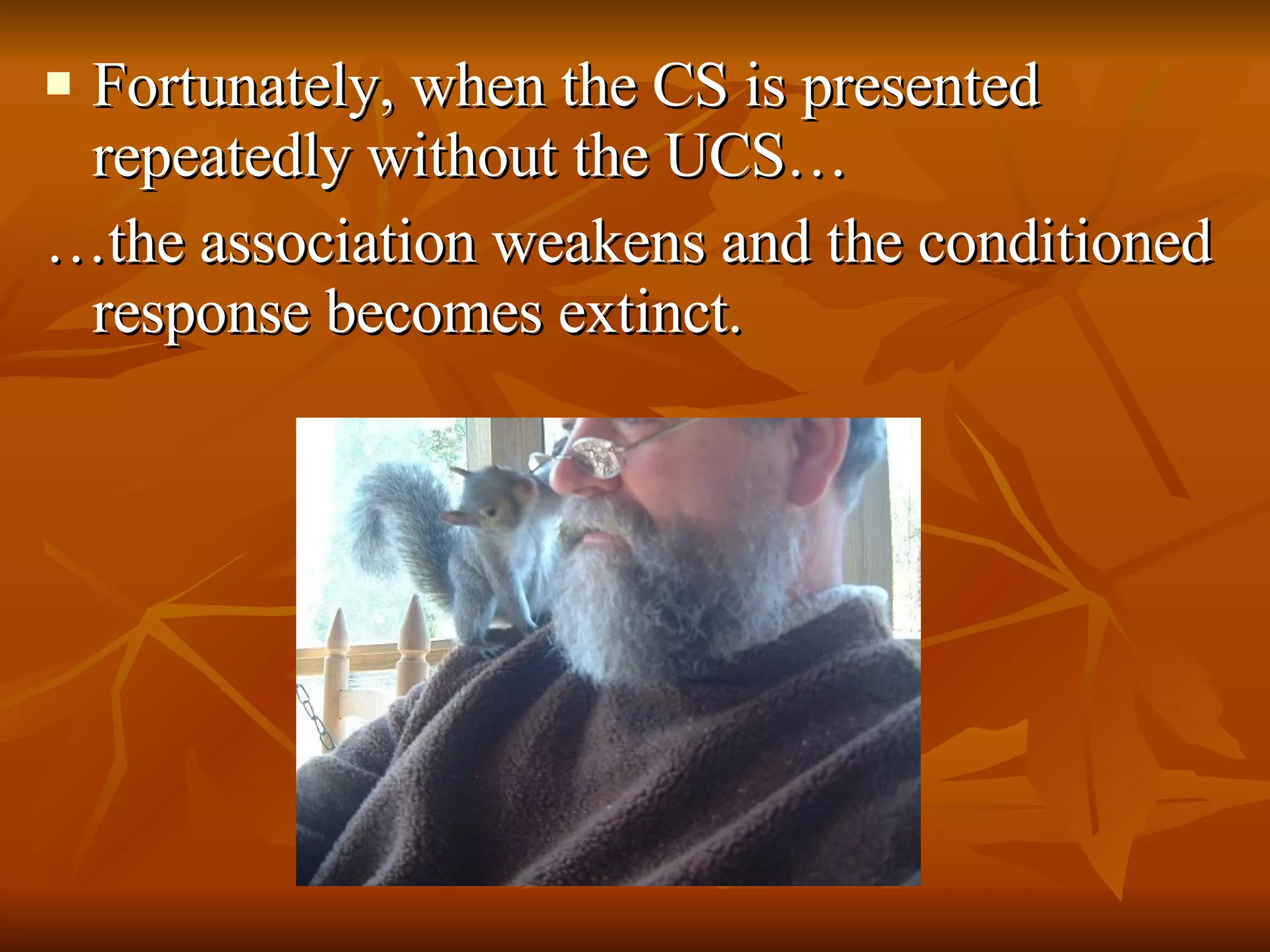 Fortunately, when the CS is presented repeatedly without the UCS… … the association weakens and the conditioned response becomes extinct. 