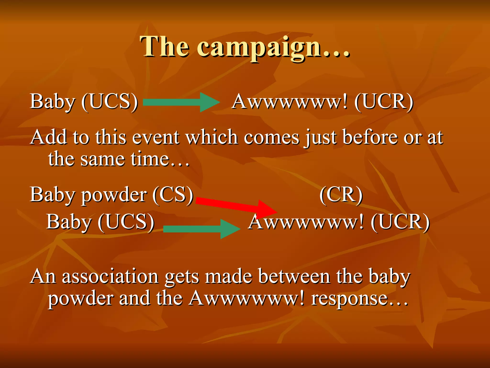 The campaign… Baby (UCS)  Awwwwww! (UCR) Add to this event which comes just before or at the same time… Baby powder (CS)  (CR) Baby (UCS)  Awwwwww! (UCR) An association gets made between the baby powder and the Awwwwww! response… 