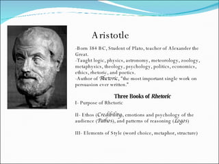 Aristotle -Born 384 BC, Student of Plato, teacher of Alexander the Great.  -Taught logic, physics, astronomy, meteorology, zoology, metaphysics, theology, psychology, politics, economics, ethics, rhetoric, and poetics. -Author of  Rhetoric , "the most important single work on persuasion ever written.” Three Books of  Rhetoric I- Purpose of Rhetoric II- Ethos ( Credibility ), emotions and psychology of the audience ( Pathos ), and patterns of reasoning ( Logos ) III- Elements of Style (word choice, metaphor, structure) 